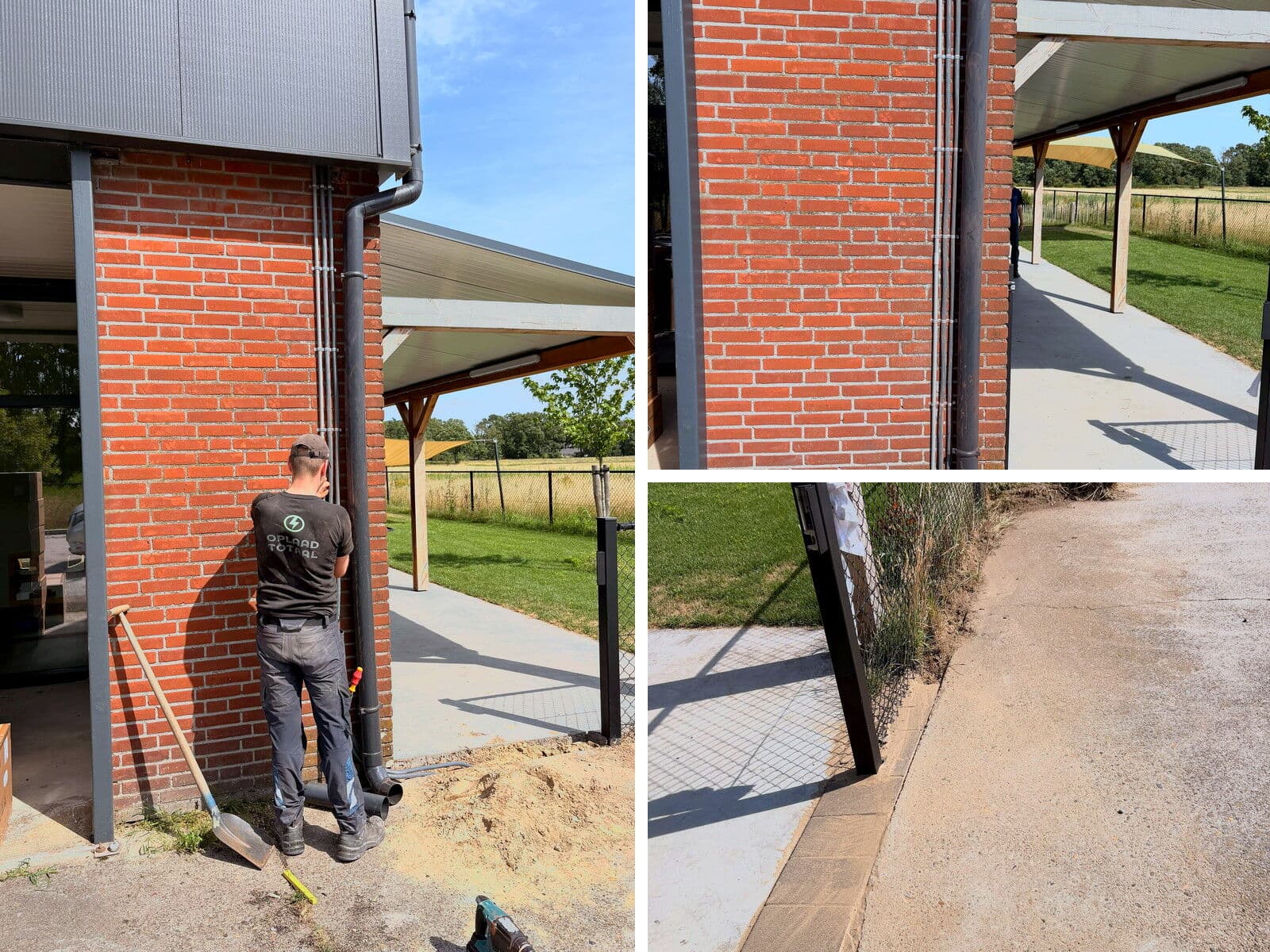 Electrician installing conduit and cabling along the facade of a commercial building for charging infrastructure