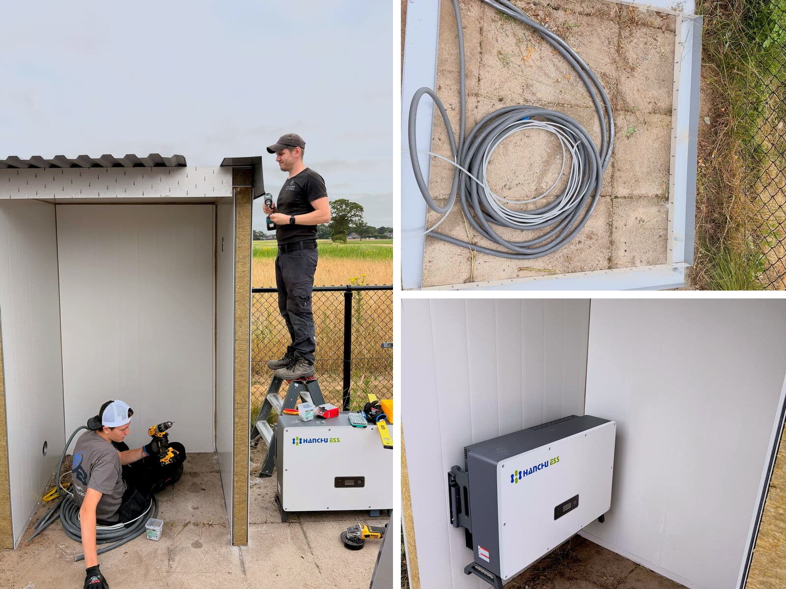 Installation of a Hanchu ESS home battery in an insulated outdoor enclosure, including cabling