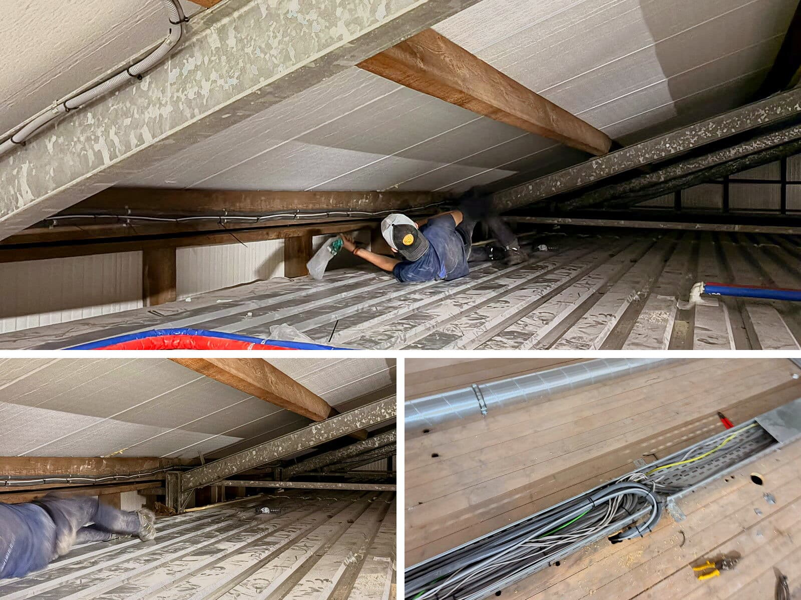 Electrical cabling being installed under the floor in a crawl space